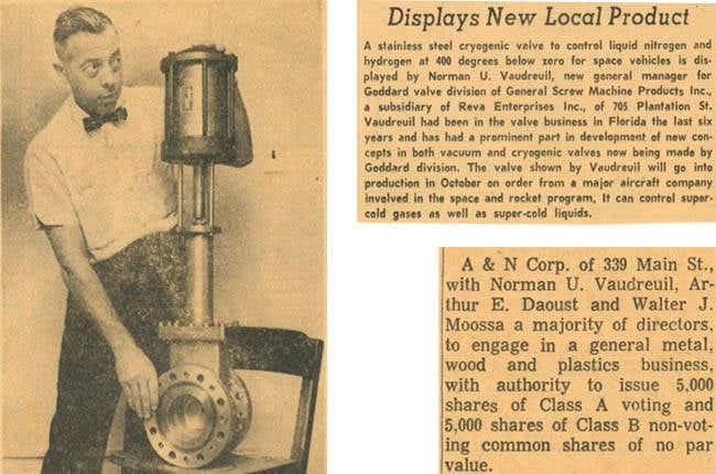 Pictured left, Norman Vaudreuil, holding a large vacuum valve. On the right are newspaper clippings highlighting ANCORP's entrance into the vacuum manufacturing industry.